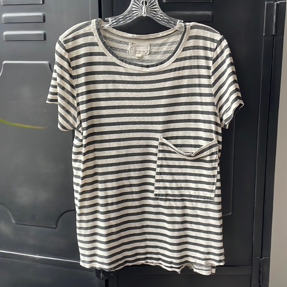 Current/Elliott Ecru/Black Distressed Cotton/Hemp Tee, prob size M